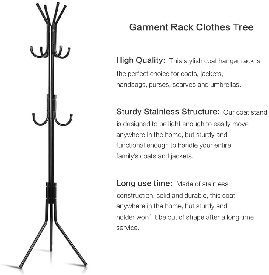 Coat Rack Freestanding Metal Coat Tree Hanger 12 Hooks Hat Rack for Hanging Bags Scarves Clothes Handbag Umbrella Jacket Hall Bedroom 