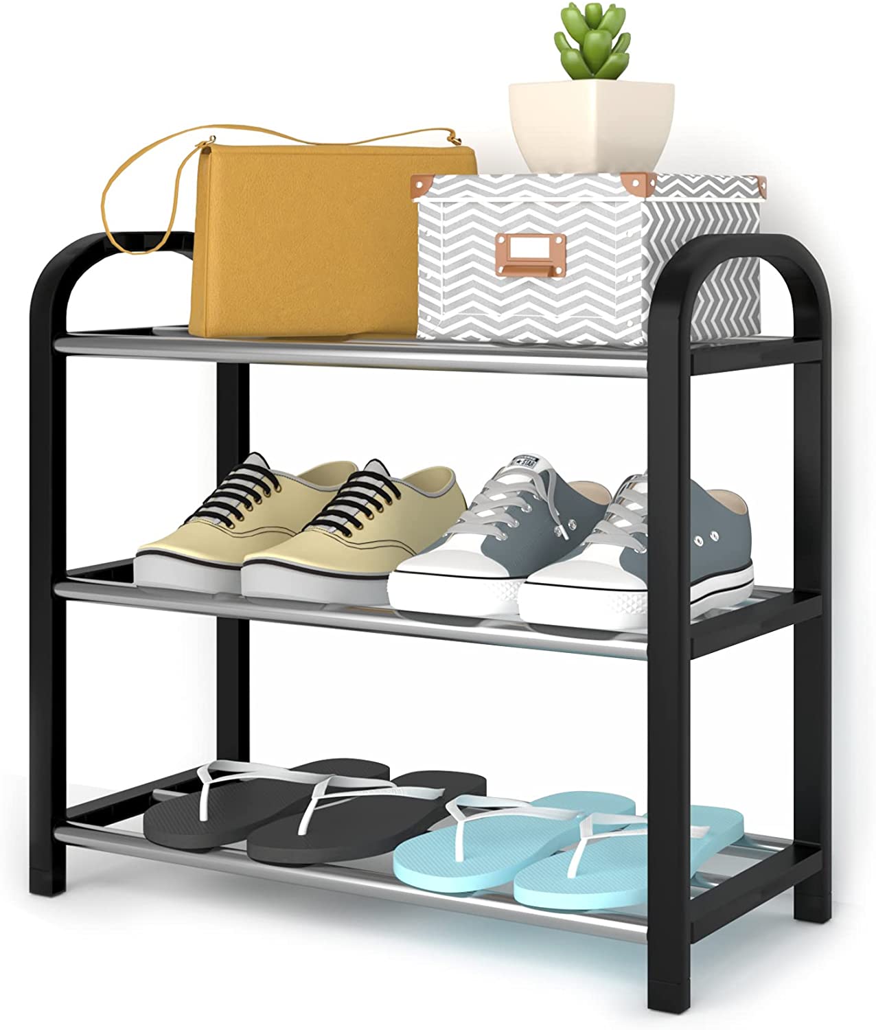 3-Tier Narrow Shoe Rack Storage Stackable Sturdy Metal Standing Vertical Shoe Shelf Organizer for Closet