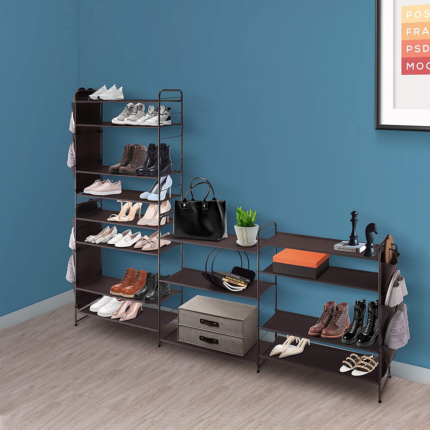 Stackable And Expandable Shoe Rack with Side Shoes Pockets